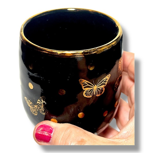 Gold Butterflies on Black Pottery Vase, Pen-Pencil or Makeup Brush Holder - Picture 6 of 11